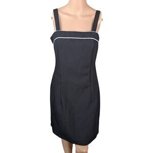 Vintage 90s Rag Black Sheath Dress White Piping Office Siren Button Strap S/M